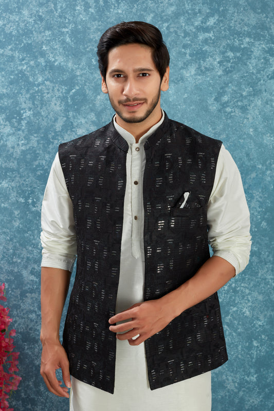 Indian Traditional Men's Jacquard Open Waistcoat Weddings & Festive Occasions Nehru Jacket