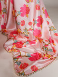 Peach Silk Saree with Multicolor Floral Print and Pearl Detailing