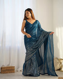Petrol Blue Sequin Saree – Elegant Partywear Saree with Shimmer Finish
