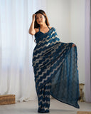 Petrol Blue Pleated Georgette Saree with Metallic Zigzag Weave Contemporary Partywear