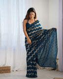 Petrol Blue Pleated Georgette Saree with Metallic Zigzag Weave Contemporary Partywear