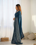 Petrol Blue Sequin Saree – Elegant Partywear Saree with Shimmer Finish