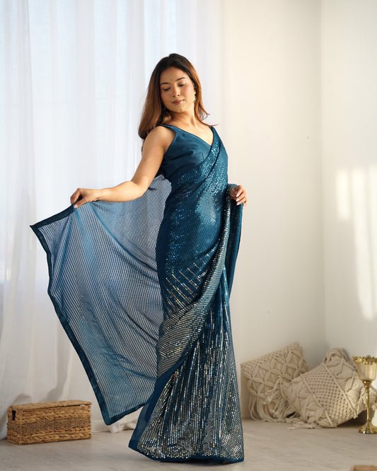 Petrol Blue Sequin Saree – Elegant Partywear Saree with Shimmer Finish