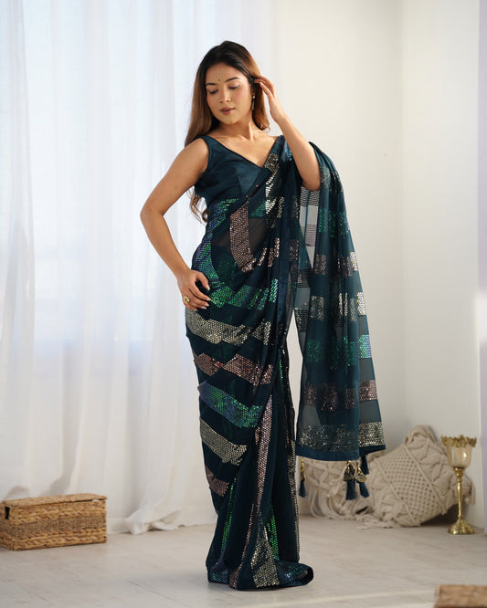 Petrol Blue Sequin Saree Geometric Striped Georgette Saree for Festive & Party Wear