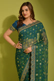 Teal Blue Saree with Gold Foil Buti & Lace Border For Women