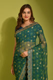 Teal Blue Saree with Gold Foil Buti & Lace Border For Women