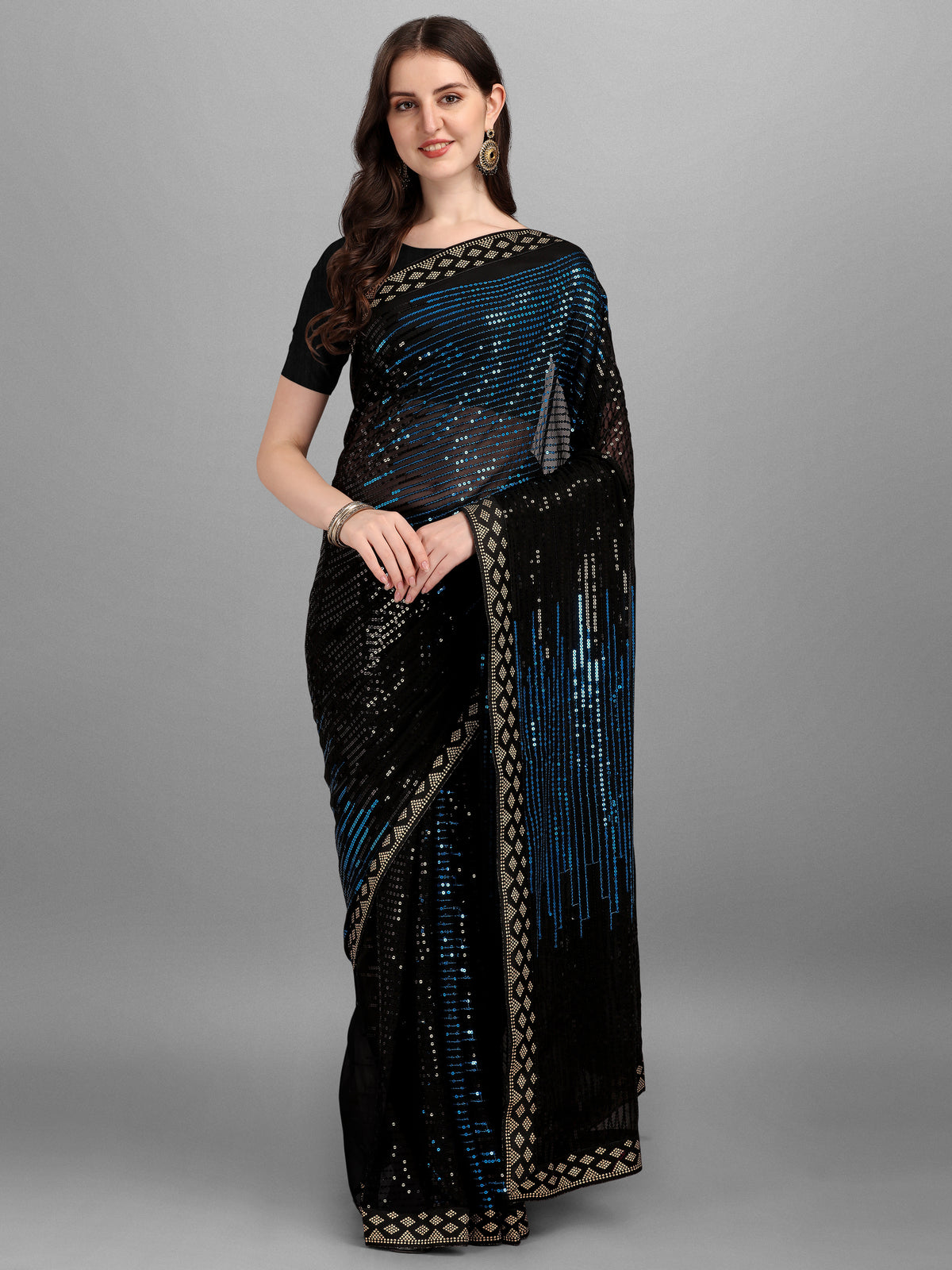Black & Teal Blue Pyramid Sequin Designer Georgette Saree