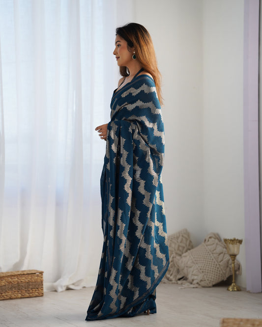 Petrol Blue Pleated Georgette Saree with Metallic Zigzag Weave Contemporary Partywear