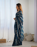 Petrol Blue Pleated Georgette Saree with Metallic Zigzag Weave Contemporary Partywear