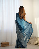 Petrol Blue Sequin Saree – Elegant Partywear Saree with Shimmer Finish