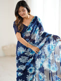 Teal Blue Floral Printed Georgette Saree with Designer Blouse