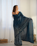 Petrol Blue Sequin Saree – Elegant Partywear Saree with Shimmer Finish
