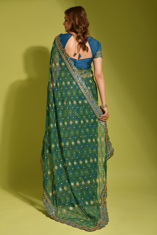Teal Blue Saree with Gold Foil Buti & Lace Border For Women