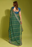 Teal Blue Saree with Gold Foil Buti & Lace Border For Women