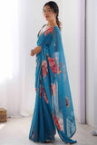 Teal Blue Rose Printed Georgette Saree with Pearl Border