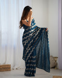 Petrol Blue Pleated Georgette Saree with Metallic Zigzag Weave Contemporary Partywear