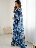 Teal Blue Floral Printed Georgette Saree with Designer Blouse