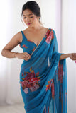 Teal Blue Rose Printed Georgette Saree with Pearl Border
