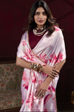 Pink Silk Saree with Multicolor Floral Print and Pearl Detailing