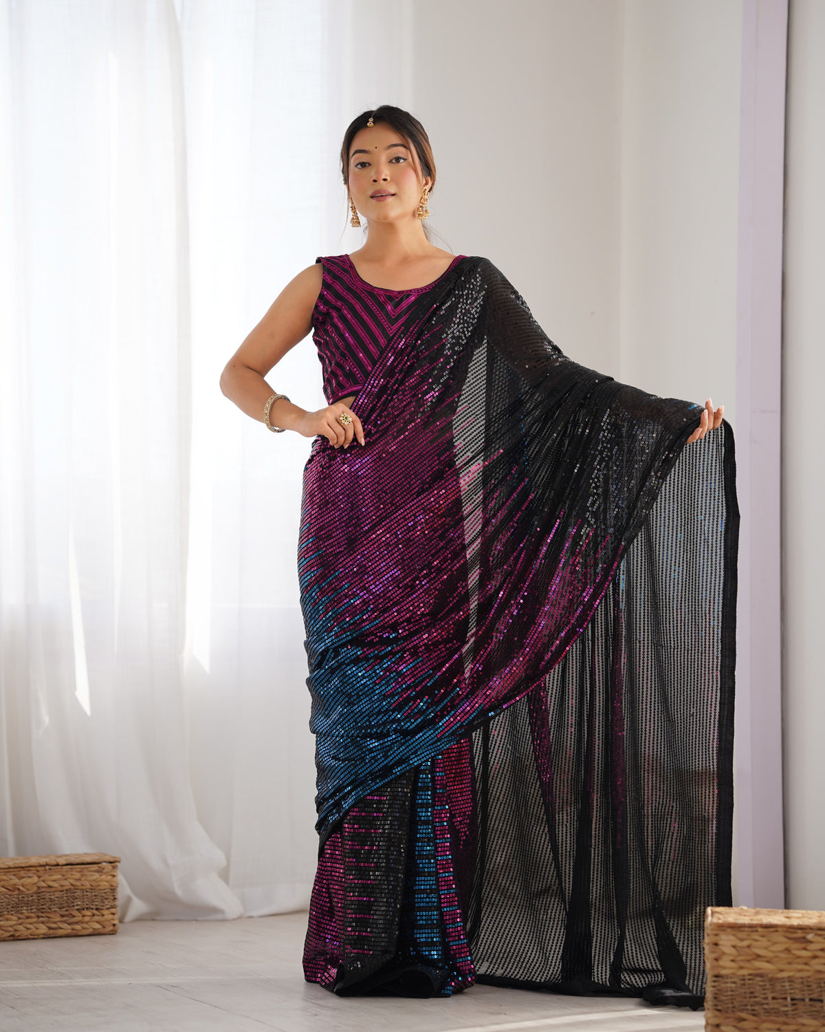 Multicolor Ombre Sequin Saree in Black, Blue & Magenta Hues