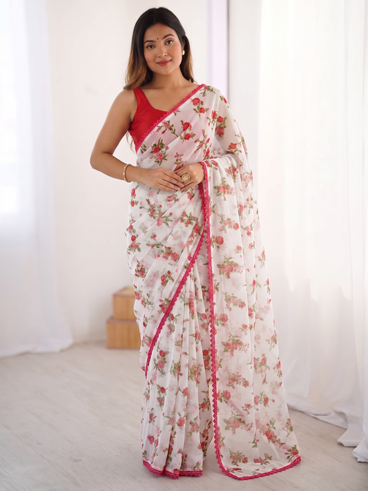 Pink Printed Chiffon Saree with Orange Blouse, Lightweight Designer Saree, Party Wear Saree for Women, Elegant Ethnic Saree Set