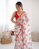 Pink Printed Chiffon Saree with Orange Blouse, Lightweight Designer Saree, Party Wear Saree for Women, Elegant Ethnic Saree Set