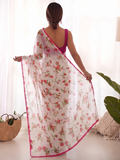 Pink Printed Chiffon Saree with Orange Blouse, Lightweight Designer Saree, Party Wear Saree for Women, Elegant Ethnic Saree Set