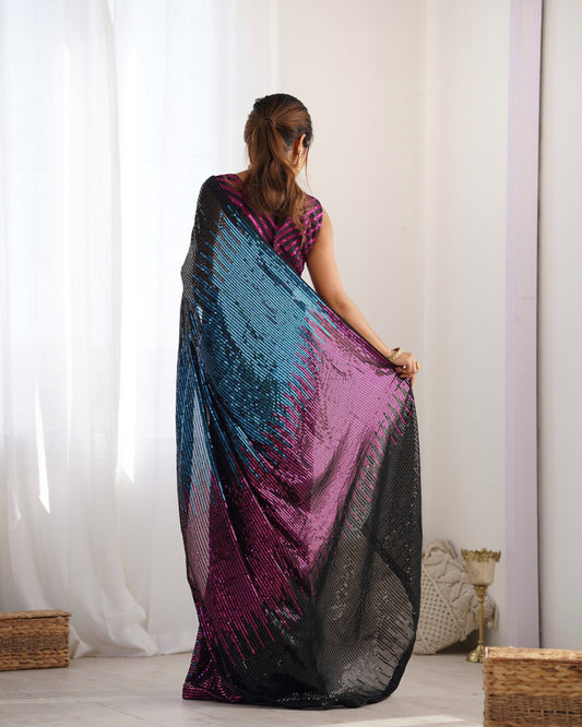 Multicolor Ombre Sequin Saree in Black, Blue & Magenta Hues