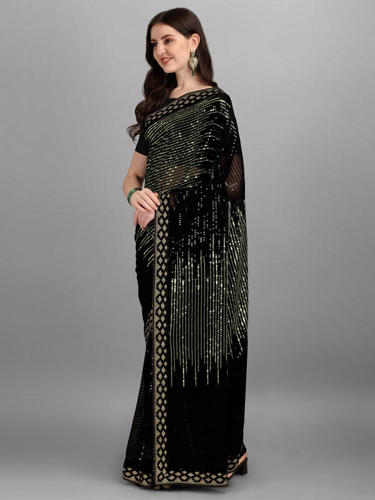 Black & Green Pyramid Sequin Designer Georgette Saree