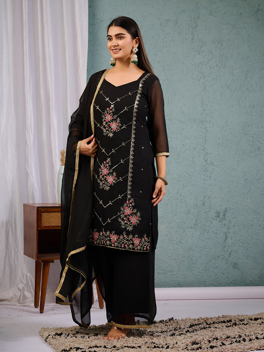 Indian Pakistani Elegant Black Georgette Embroidered Suit Ready To Wear Dress