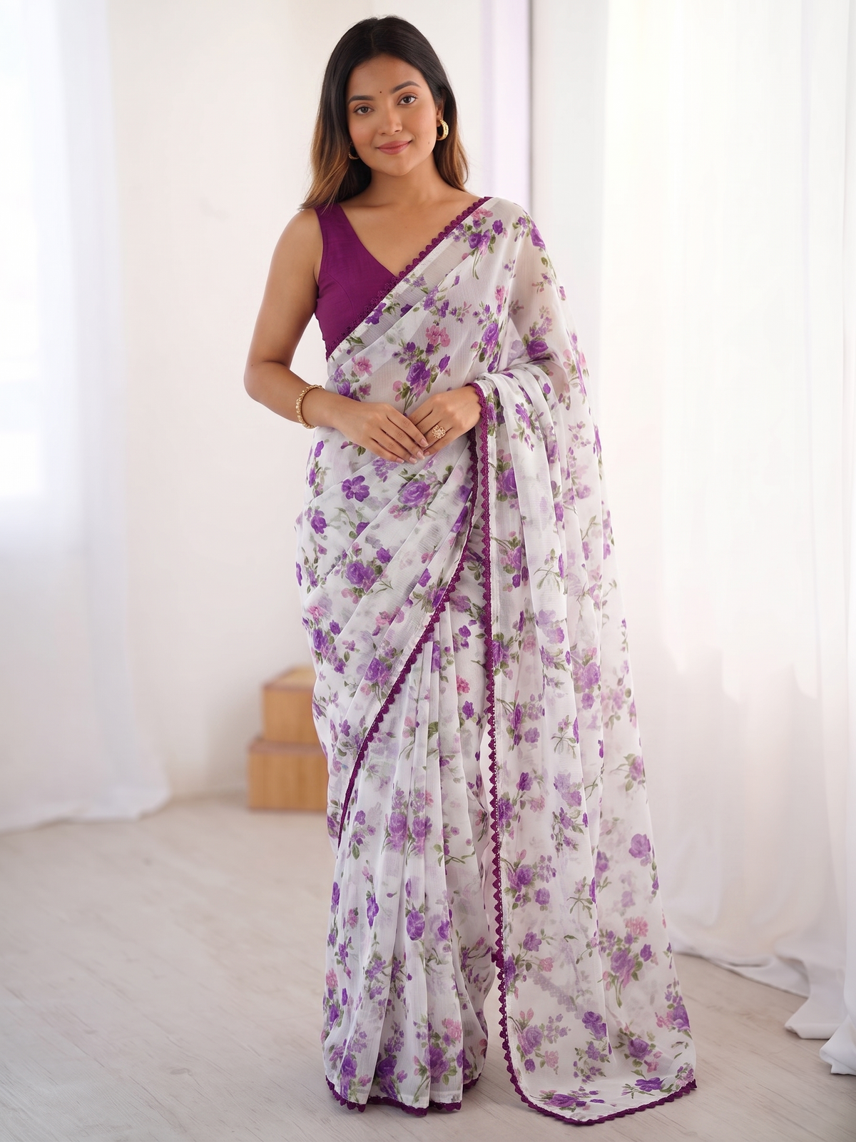 Purple Printed Chiffon Saree with Orange Blouse, Lightweight Designer Saree, Party Wear Saree for Women, Elegant Ethnic Saree Set