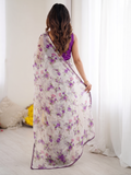 Purple Printed Chiffon Saree with Orange Blouse, Lightweight Designer Saree, Party Wear Saree for Women, Elegant Ethnic Saree Set