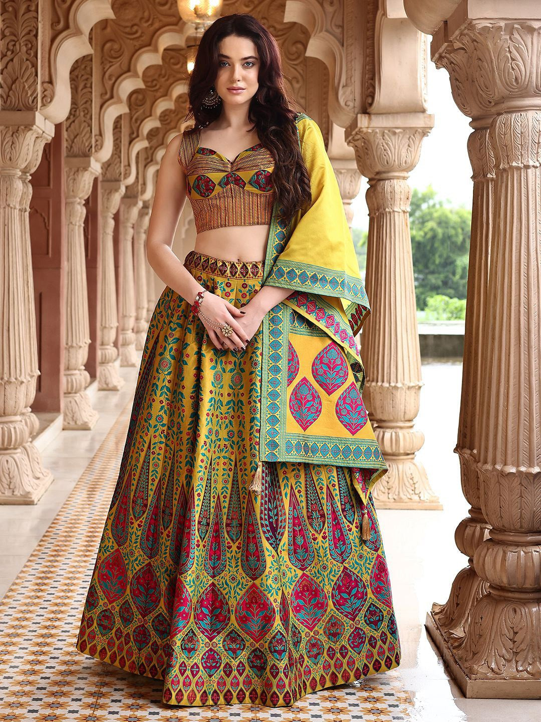 Sunlit Mustard Heritage Print Lehenga Set