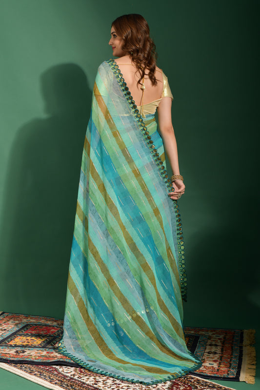 Aqua Horizon Striped Georgette Saree with Mirror Work Border