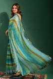 Aqua Horizon Striped Georgette Saree with Mirror Work Border