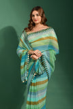 Aqua Horizon Striped Georgette Saree with Mirror Work Border