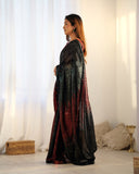 Red & Green Ombre Sequin Saree with Black Pallu – Partywear Glam Saree
