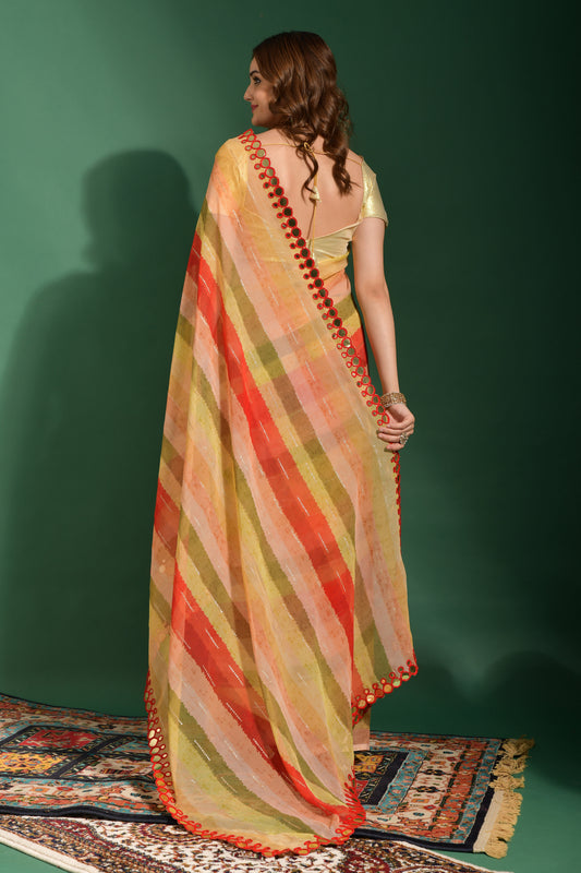 Sunset Radiance Striped Georgette Saree with Mirror Work Border