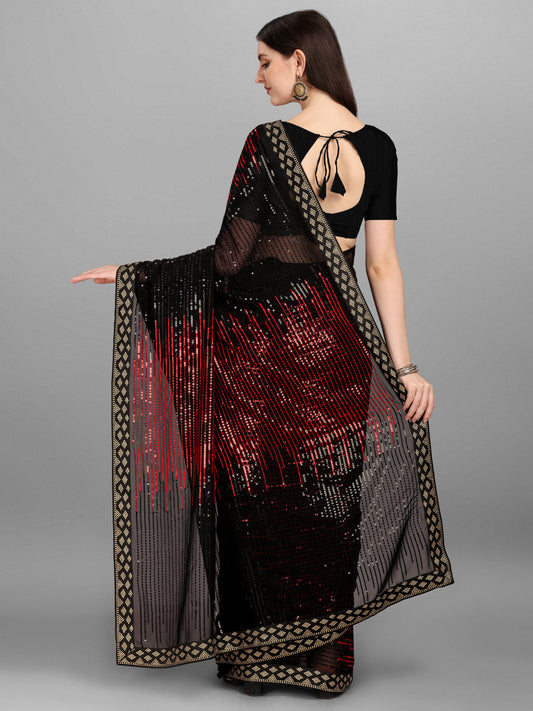 Black & Red Pyramid Sequin Designer Georgette Saree
