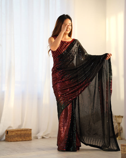Red & Green Ombre Sequin Saree with Black Pallu – Partywear Glam Saree