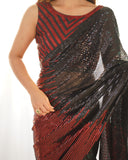 Red & Green Ombre Sequin Saree with Black Pallu – Partywear Glam Saree