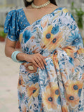 White & Blue Floral Printed Ready To Wear Saree with Scalloped Border