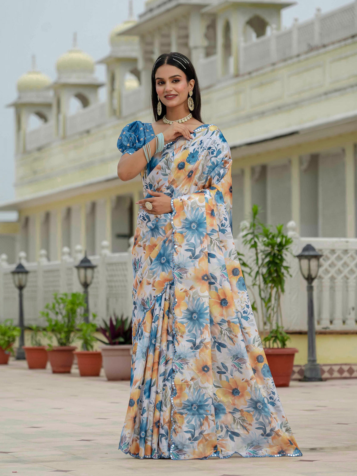 White & Blue Floral Printed Ready To Wear Saree with Scalloped Border