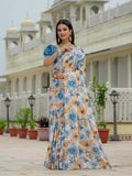White & Blue Floral Printed Ready To Wear Saree with Scalloped Border