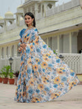 White & Blue Floral Printed Ready To Wear Saree with Scalloped Border