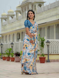 White & Blue Floral Printed Ready To Wear Saree with Scalloped Border