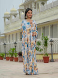 White & Blue Floral Printed Ready To Wear Saree with Scalloped Border