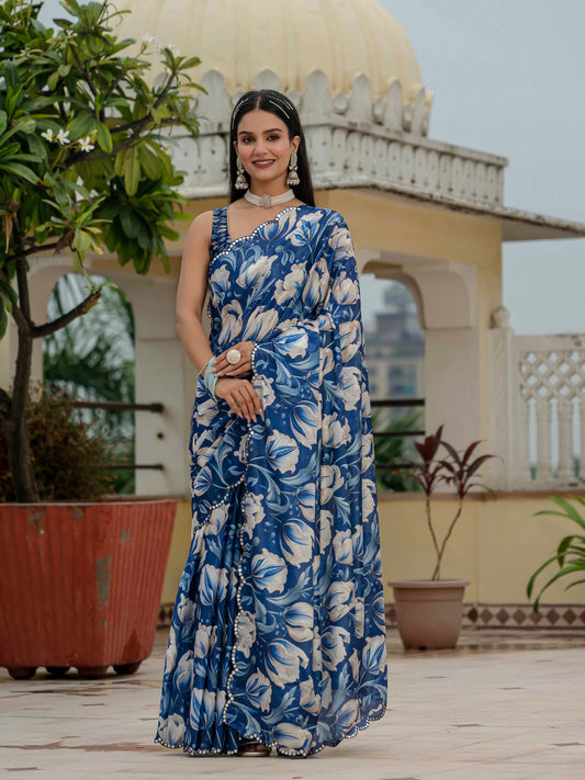 Blue & Multi Floral Printed Ready To Wear Saree with Scalloped Border
