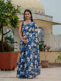 Blue & Multi Floral Printed Ready To Wear Saree with Scalloped Border