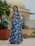 Blue & Multi Floral Printed Ready To Wear Saree with Scalloped Border